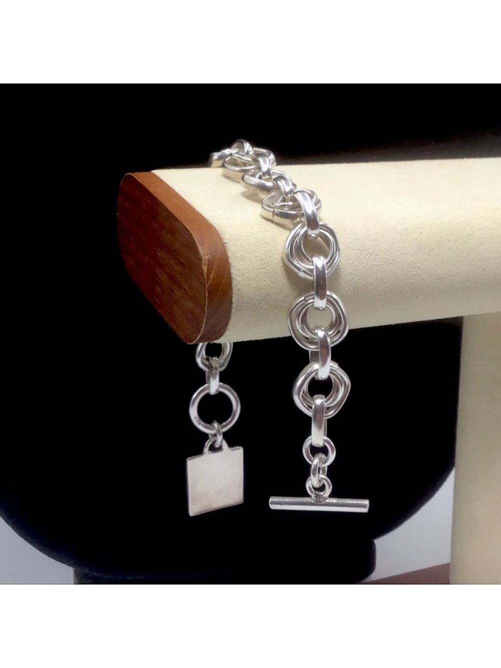Sterling Silver Round And Oval Link Bracelet  Engravable Charm 40.5 Grams 6.75”